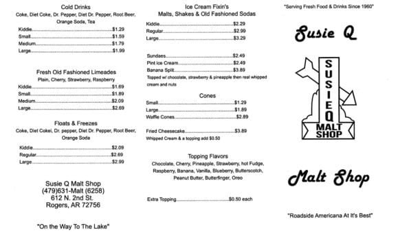 Susie Q Malt Shop Rogers Menu
