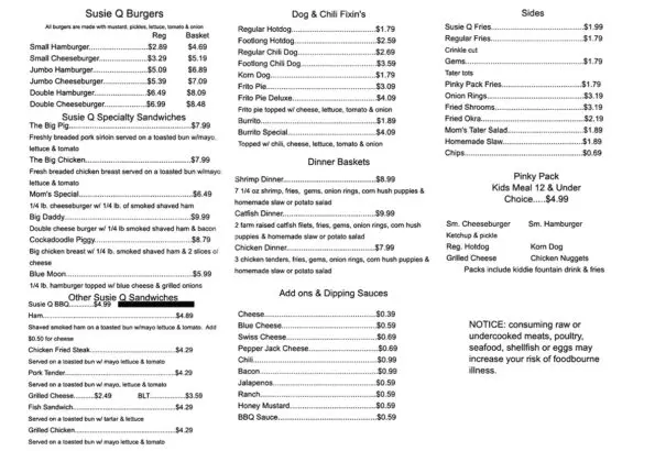 Susie Q Malt Shop Rogers Menu