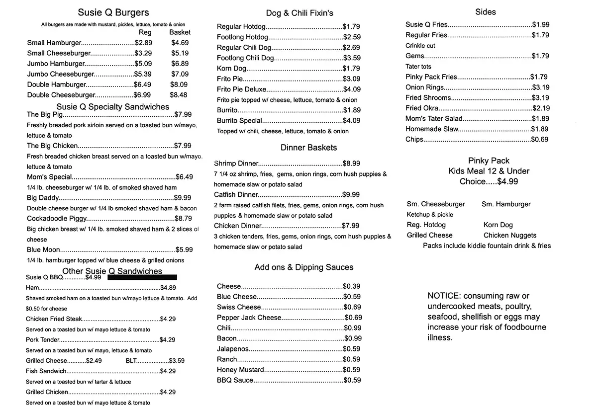 Susie Q Malt Shop Rogers Menu