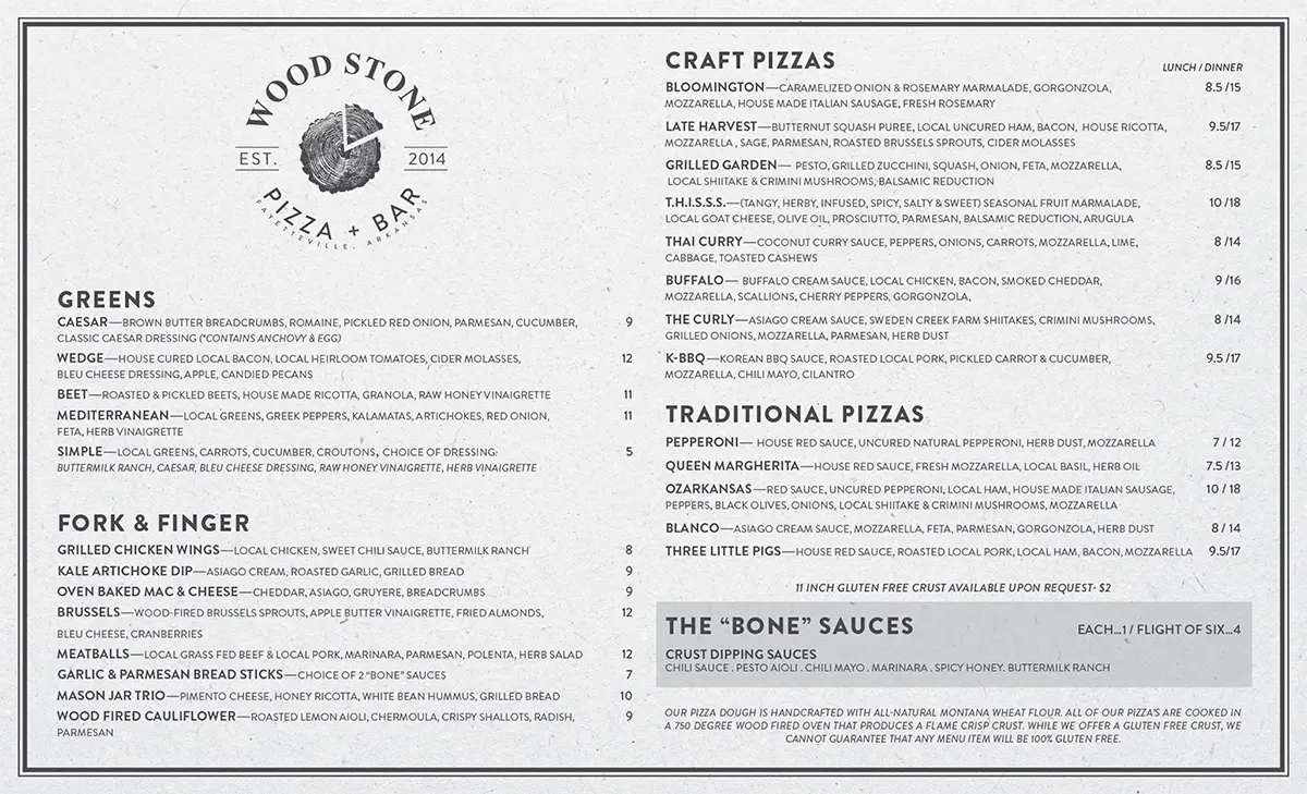 Wood Stone Craft Pizza + Bar Fayetteville Menu