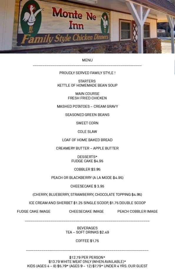 Monte Ne Inn Chicken Menu