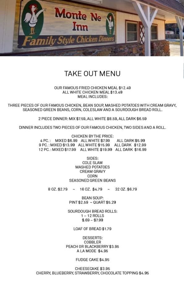 Monte Ne Inn Chicken Take Out Menu