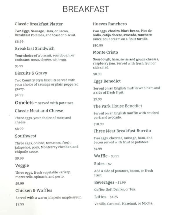 The Park House Kitchen + Bar Menu Siloam Springs