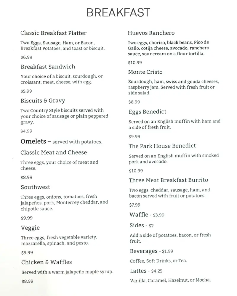 The Park House Kitchen + Bar Menu Siloam Springs