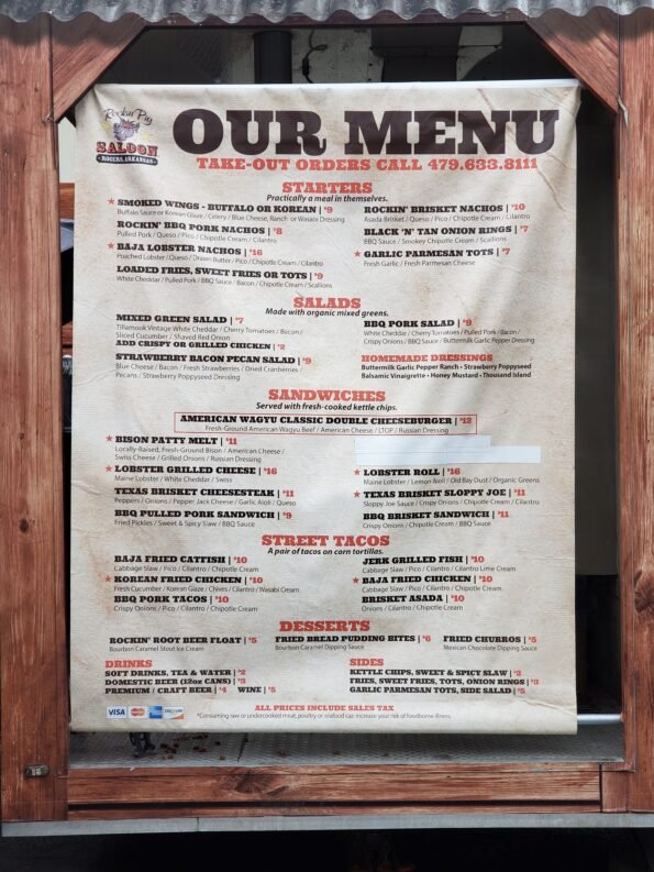 Rockin' Pig Saloon Rogers Menu
