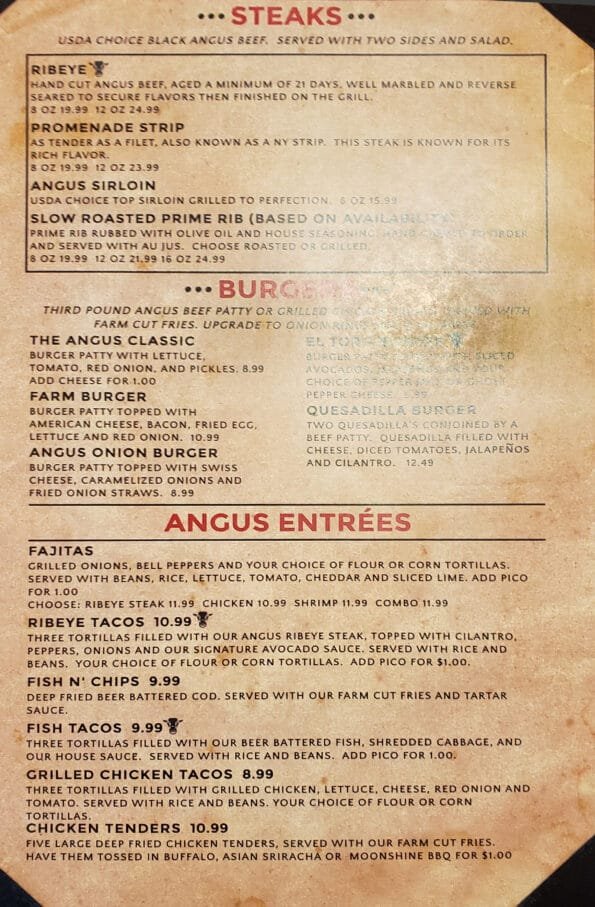 Angus Grill & Cantina Restaurant Full Menu