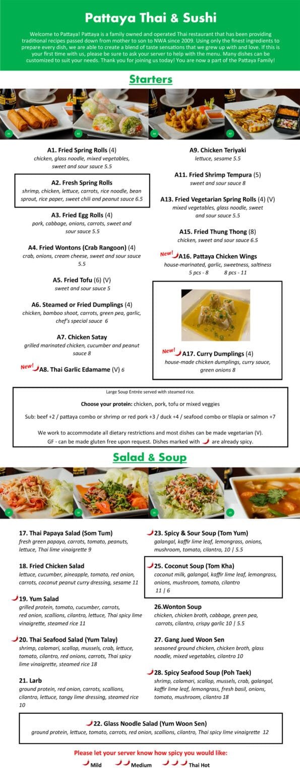 Pattaya Thai and Sushi Online Menu