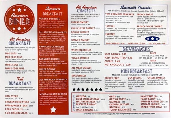 American Diner Menu - Rogers Arkansas