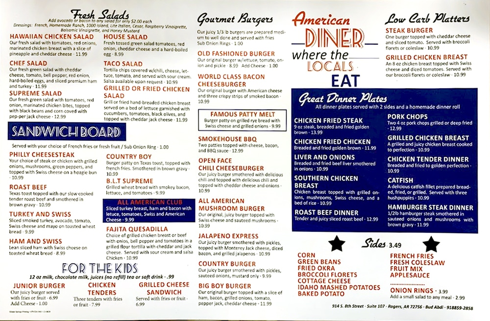 American Diner Menu - Rogers Arkansas