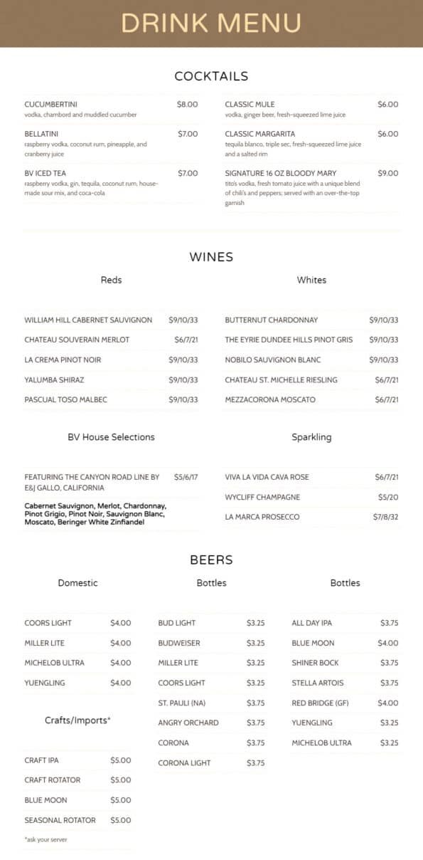 BV Bar & Grill Drink Menu