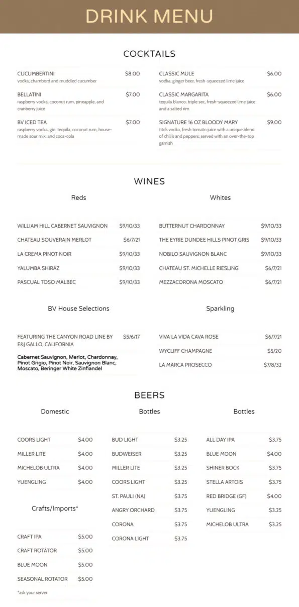 BV Bar & Grill Drink Menu