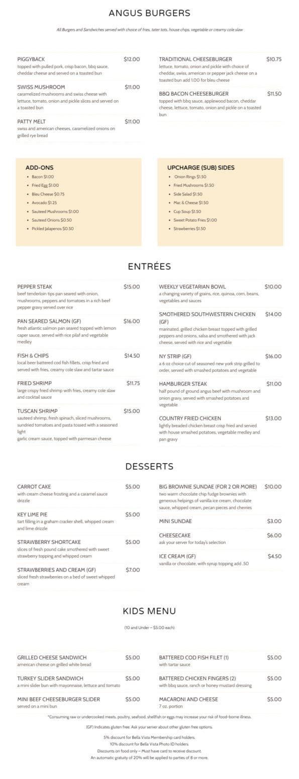 BV Bar & Grill Menu