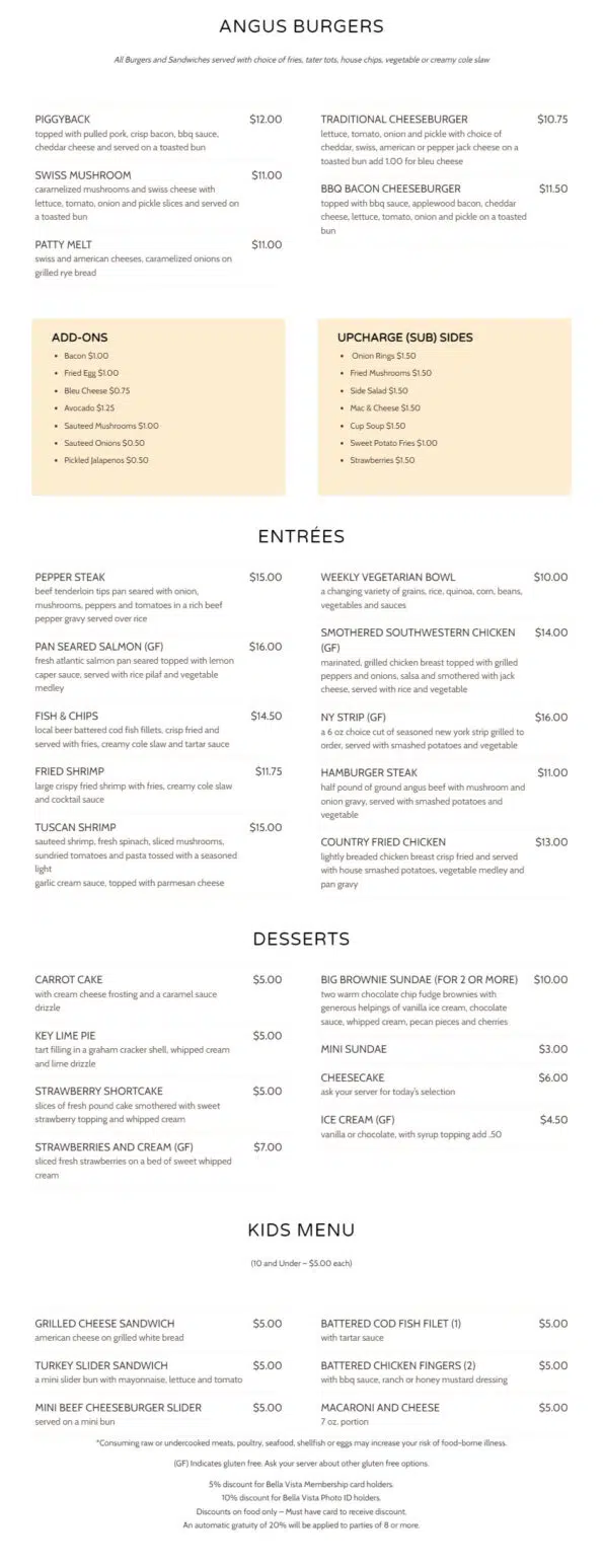 BV Bar & Grill Menu