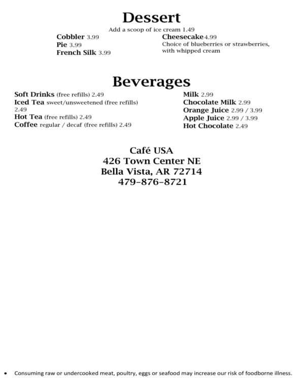 Cafe USA - Bella Vista - Menu