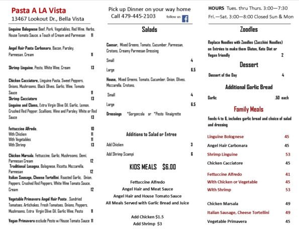 Pasta A La Vista Menu - Bella Vista