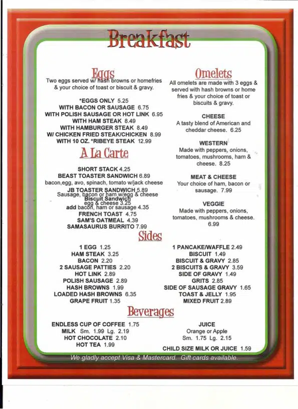 Sam's Olde Tyme Hamburgers Menu - Breakfast
