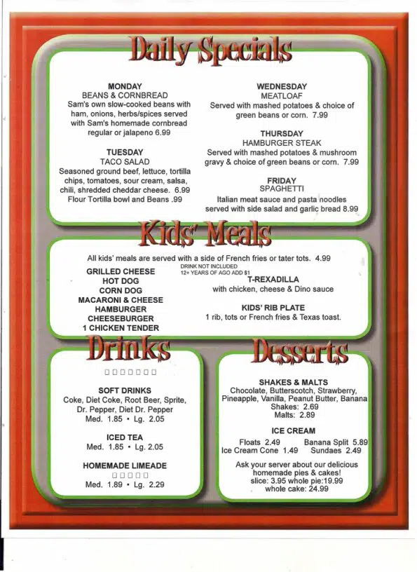 Sam's Olde Tyme Hamburgers Menu - Daily Specials