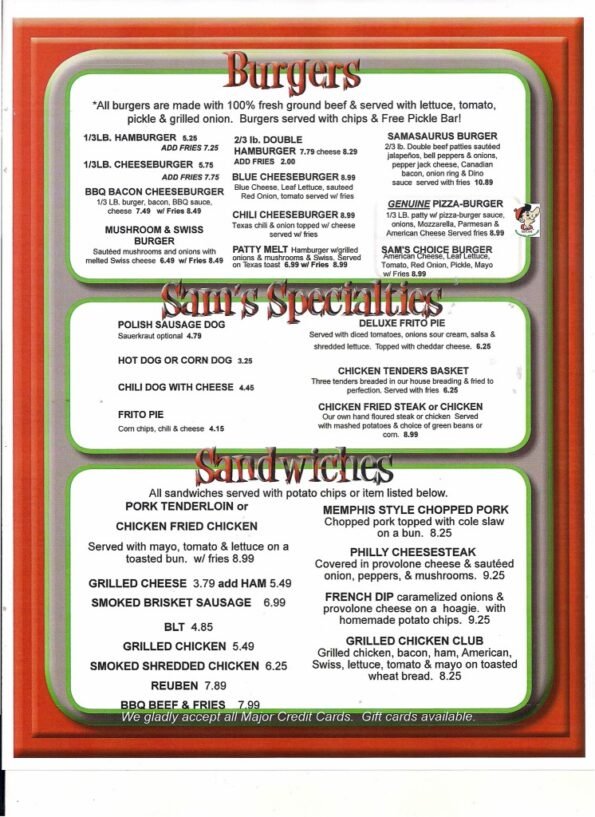 Sam's Olde Tyme Hamburgers Menu - Sandwiches