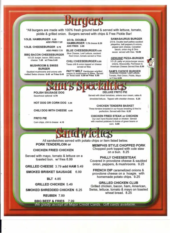 Sam's Olde Tyme Hamburgers Menu - Sandwiches