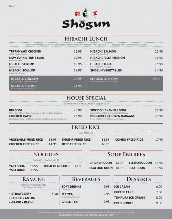 Shogun Steakhouse of Japan - Menu
