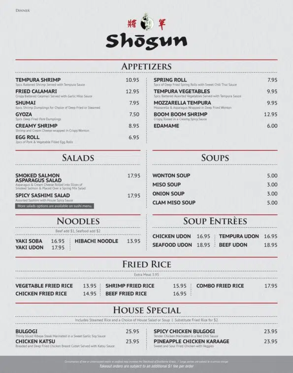 Shogun Steakhouse of Japan - Menu