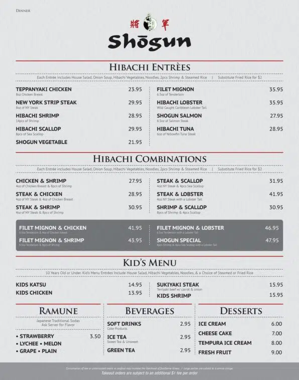 Shogun Steakhouse of Japan - Menu
