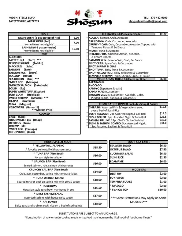 Shogun Steakhouse of Japan - Menu