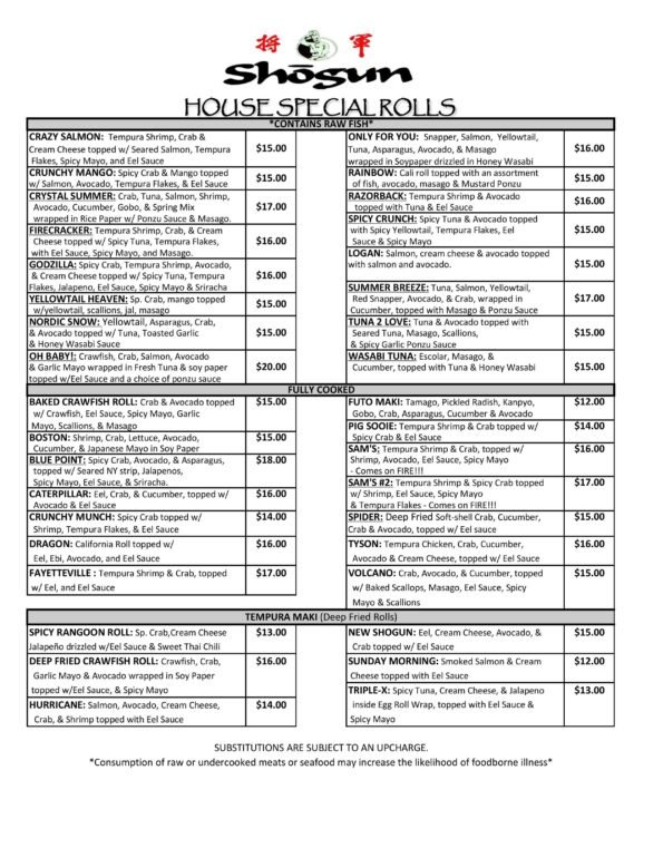 Shogun Steakhouse of Japan - Menu