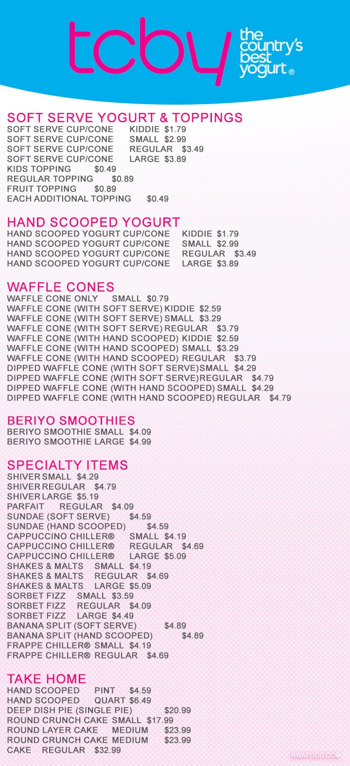 TCBY Menu with Prices