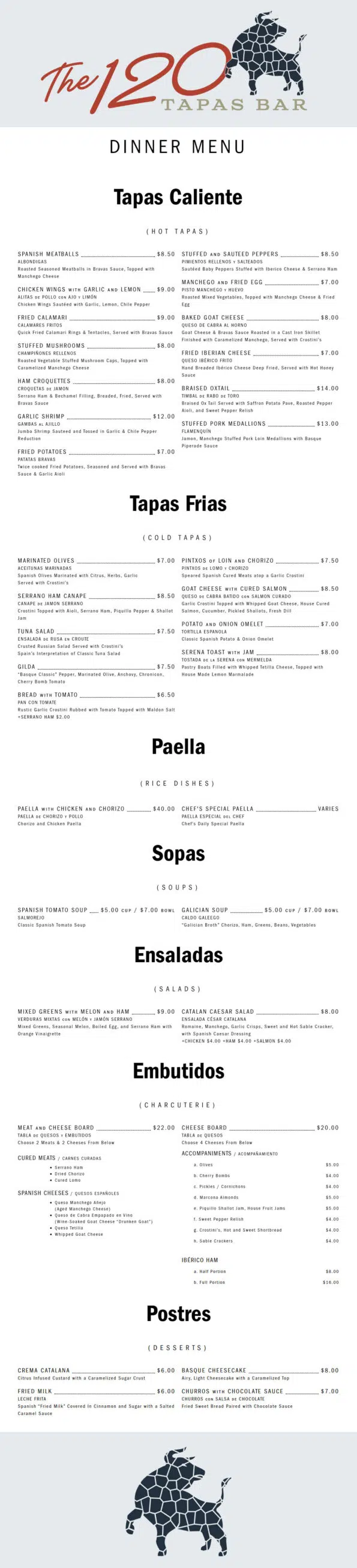 The 120 A Tapas Bar - Dinner Menu With Prices