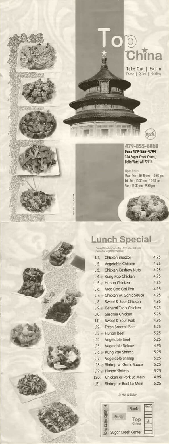 Top China - Menu with Prices - Bella Vista Arkansas