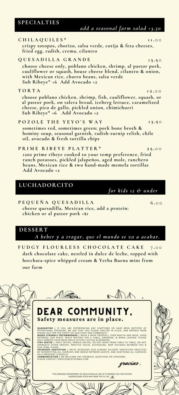 Yeyo's Mezcaleria y Taqueria - Rogers - Menu