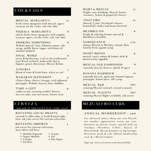 Yeyo's Mezcaleria y Taqueria - Rogers - Menu