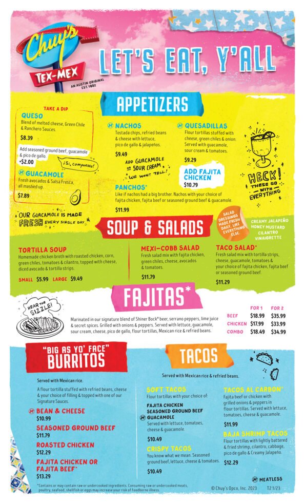 Chuy's - Rogers Arkansas - 2023 Menu with Pricing