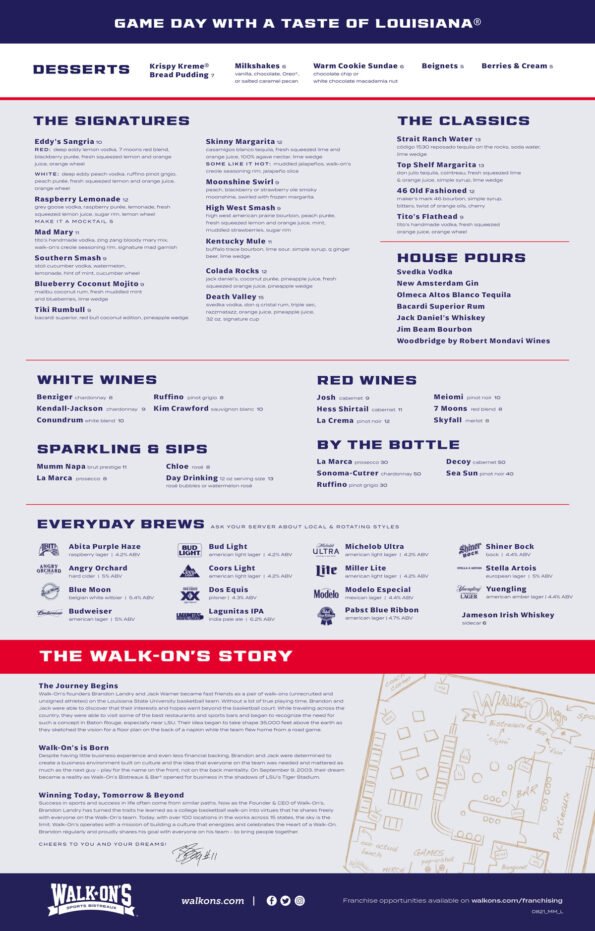 Walk-On's Sports Bistreaux Menu
