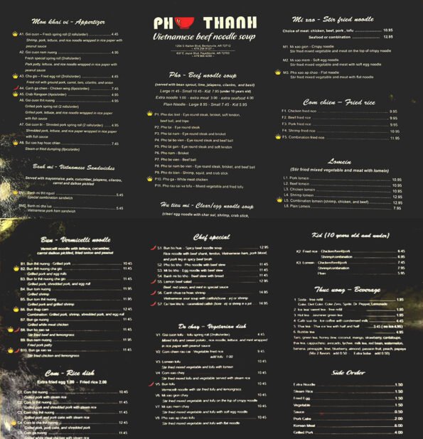 Pho Thanh Menu With Prices - Bentonville AR