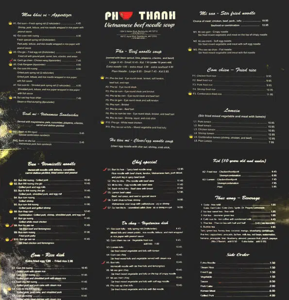 Pho Thanh Menu With Prices - Bentonville AR