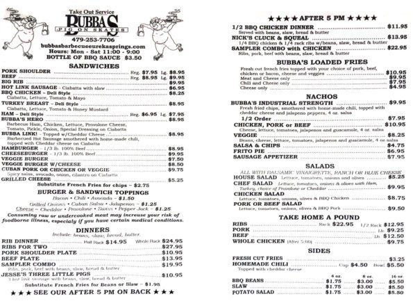 Bubba's Barbecue Menu