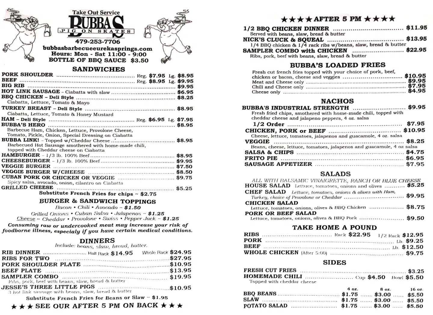 Bubba's Barbecue Menu