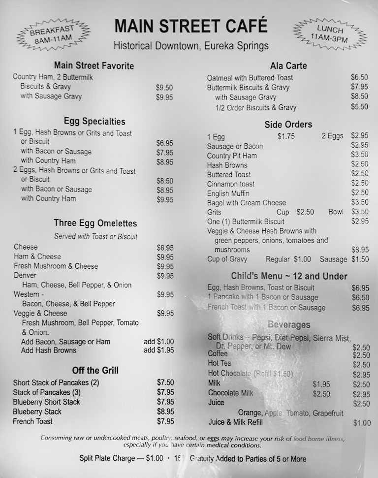 Main Street Cafe Eureka Springs Menu with Prices