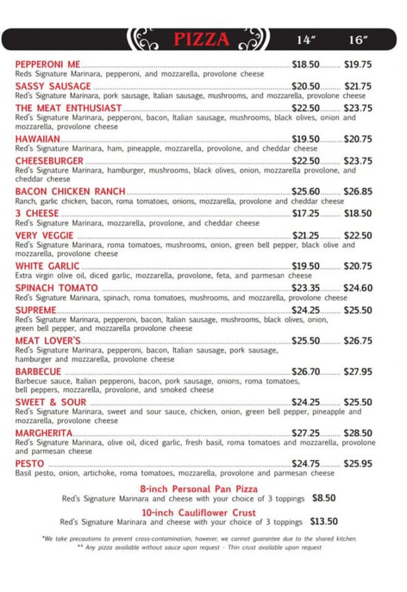 Red's Pizzeria Menu
