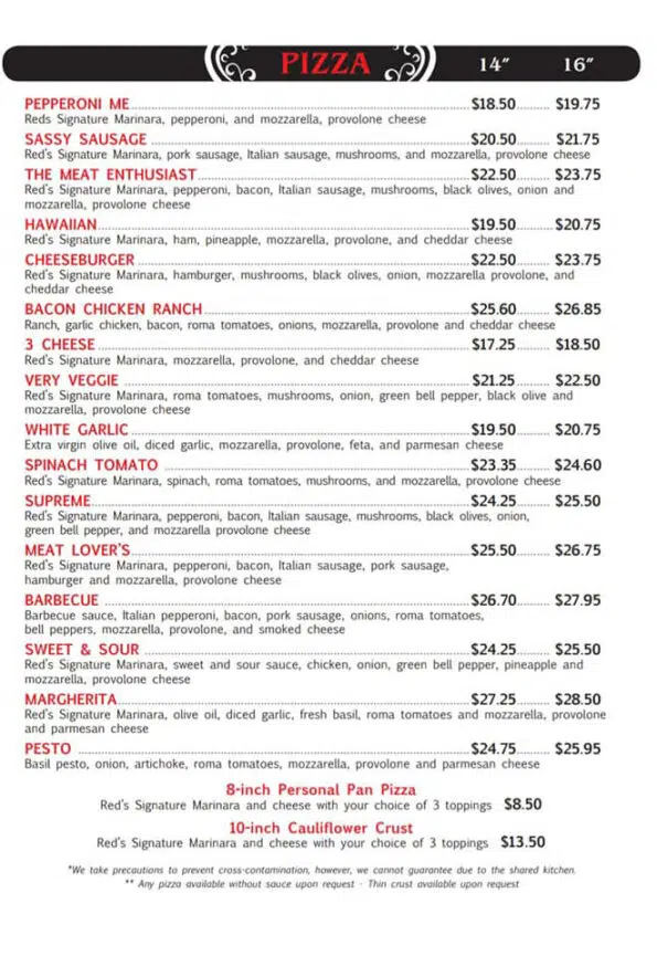 Red's Pizzeria Menu