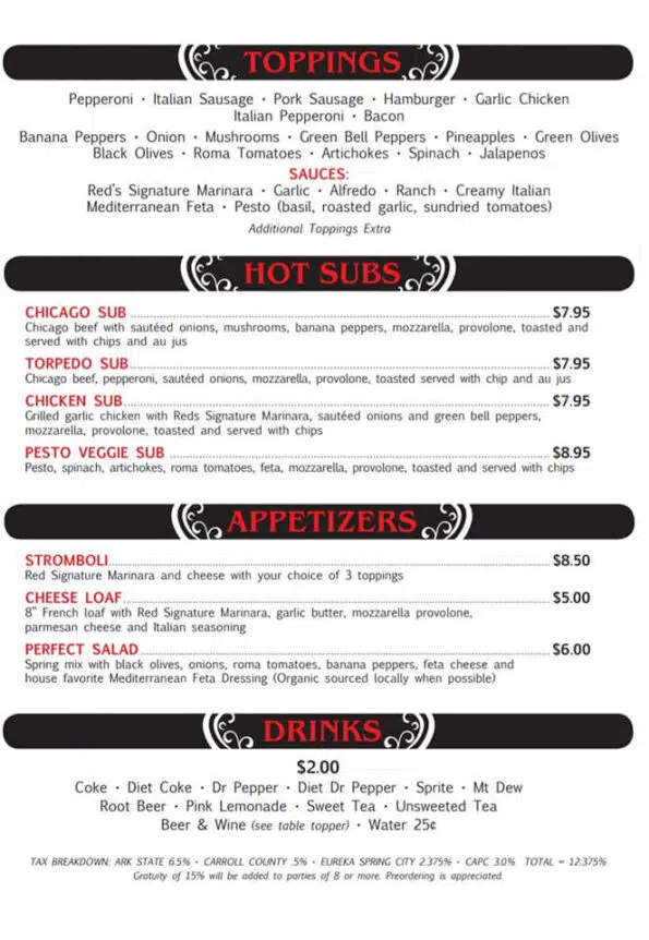 Red's Pizzeria Menu