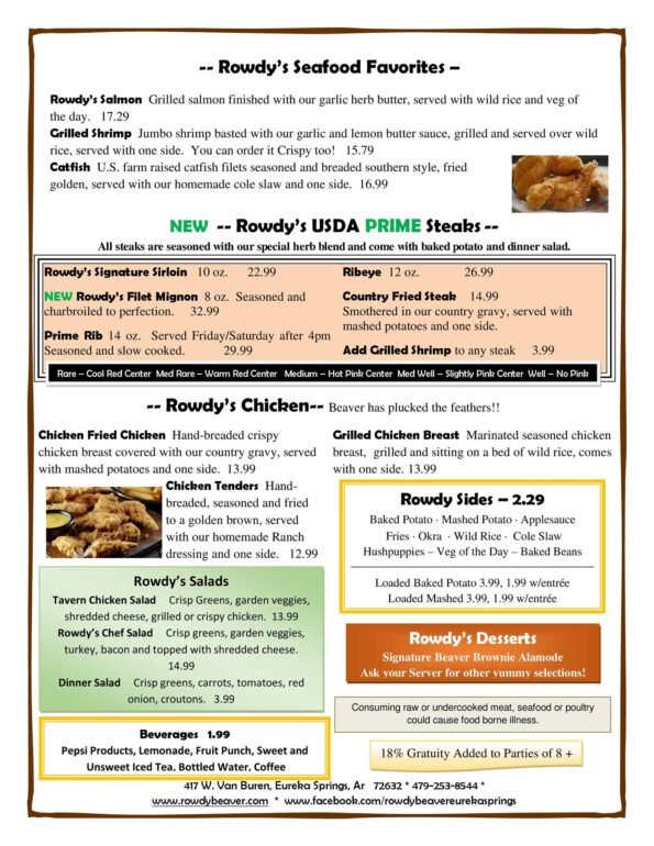 Rowdy Beaver Restaurant & Tavern Menu