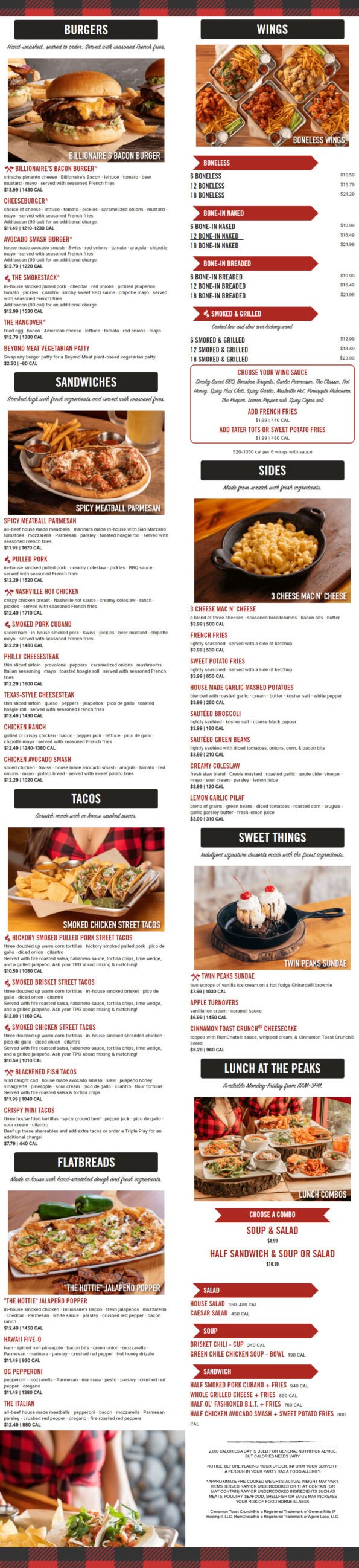 Twin Peaks Restaurant Menu for Rogers Arkansas