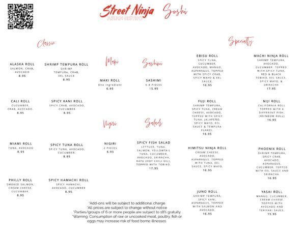 Street Ninja Sushi Menu - Bentonville Arkansas