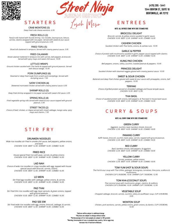 Street Ninja Lunch Menu - Bentonville Arkansas