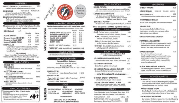 Penguin Ed's BBQ Menu - Mission Blvd Location