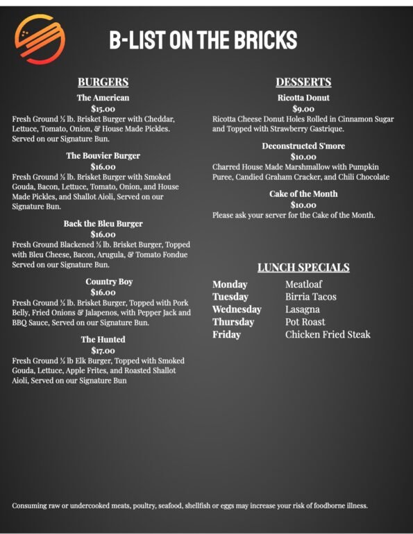B List on the Bricks Menu - Downtown Rogers