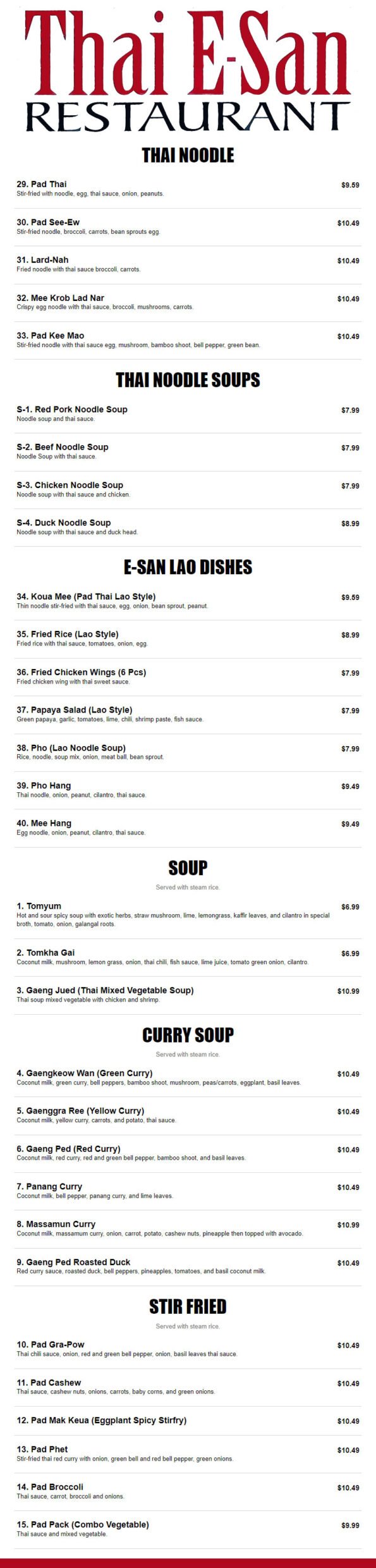 Thai E San - Fayetteville - Menu